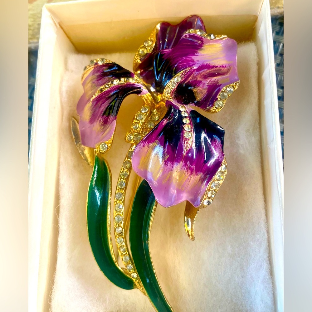 SOLD—-Vintage CORO Enamel Iris Rhinestone Brooch